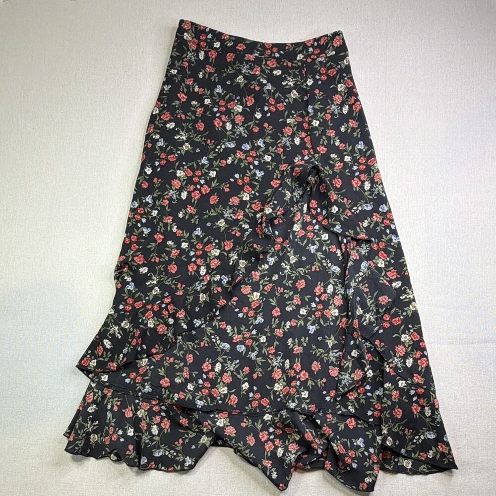 SHEIN Women's Black Floral Maxi Skirt with Leg Slit Ruffle Detail - Medium